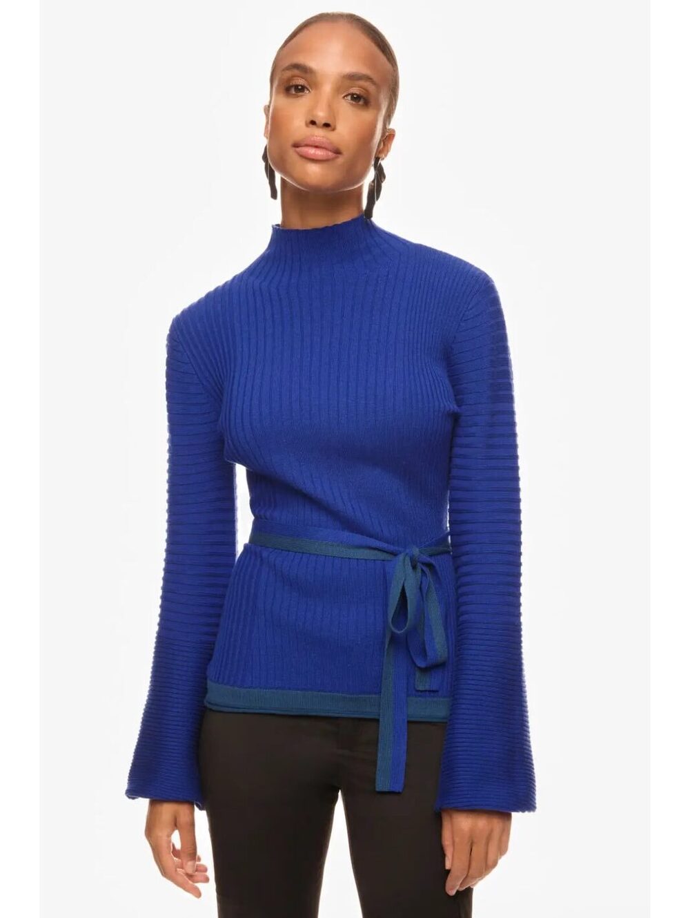 Roksanda Collective Blue Ribbed Tie Waist Sweater Bell Sleeve Mock Neck S